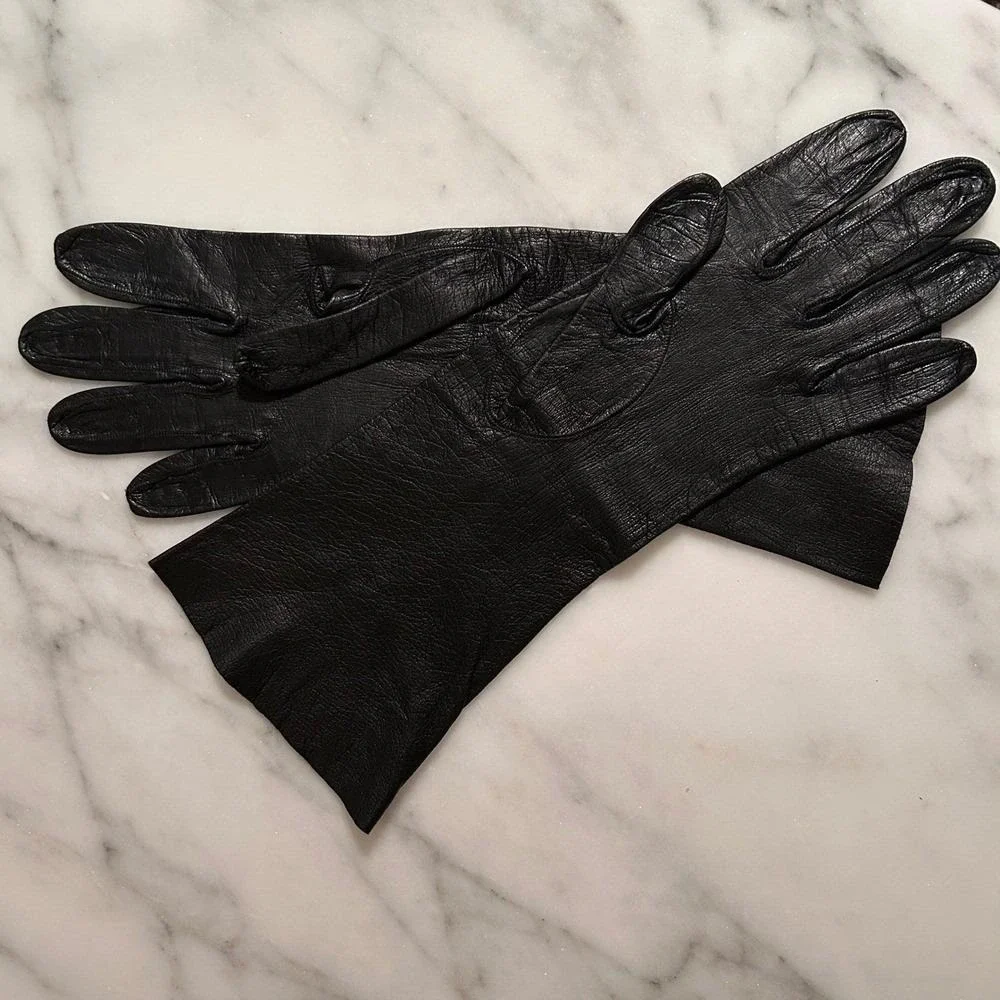 Womens Vintage Black Leather Dress Gloves Made in France for Lazarus 1960's